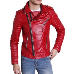 Bold men’s red padded jacket with asymmetrical front zipper and fashion-forward style