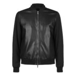 Men’s Black Hybrid Bomber Jacket front view with cotton-leather outer, rib-knit collar, YKK dual zipper, and handwarmer pockets.