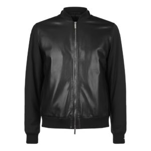 Men’s Black Hybrid Bomber Jacket front view with cotton-leather outer, rib-knit collar, YKK dual zipper, and handwarmer pockets.