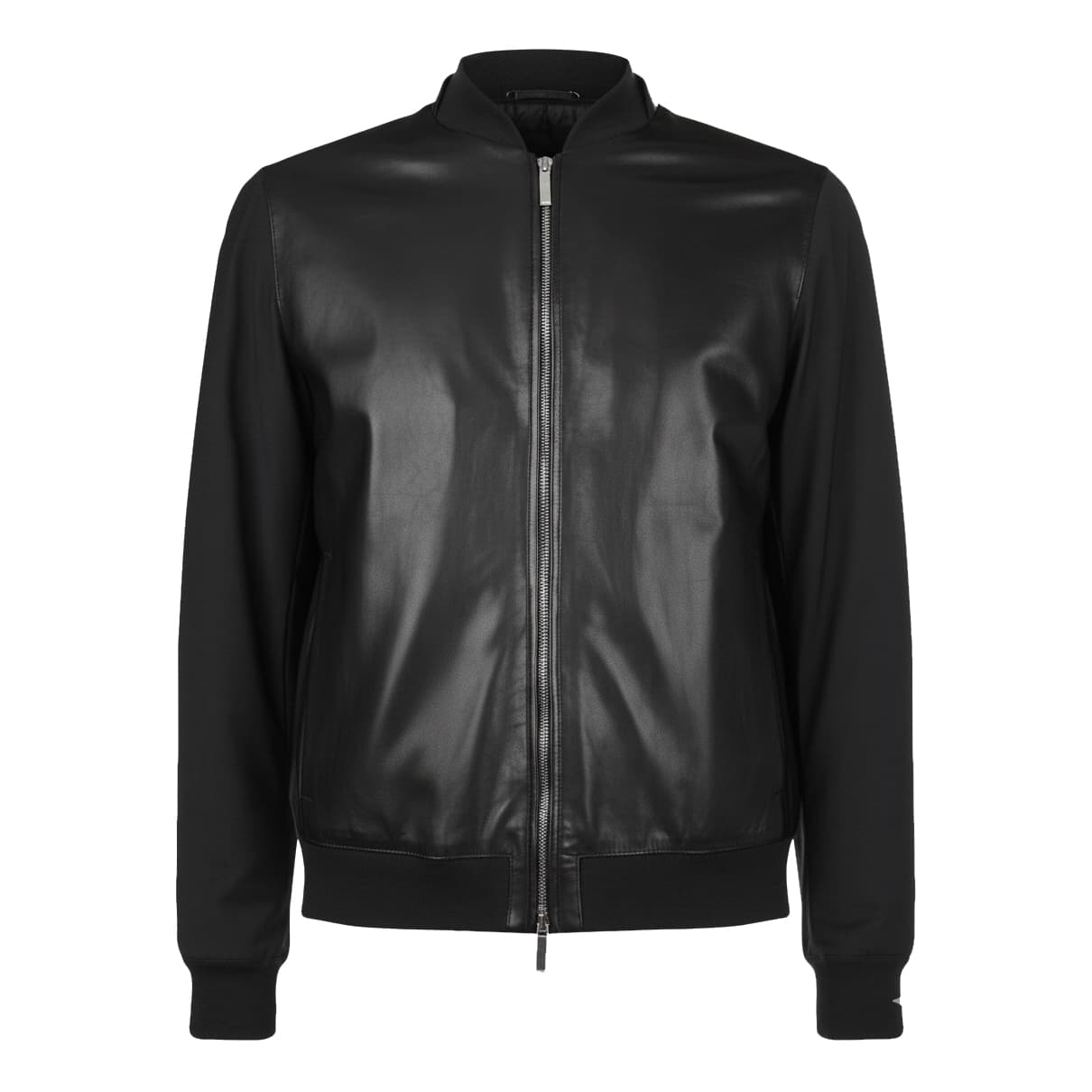 Men’s-Black-Hybrid-Bomber-Jacket-1 Men’s Black Hybrid Bomber Jacket front view with cotton-leather outer, rib-knit collar, YKK dual zipper, and handwarmer pockets.
