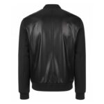 Men’s Black Hybrid Bomber Jacket back view showcasing black cotton-leather design, rib-knit waistband, and structured bomber fit.