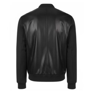 Men’s Black Hybrid Bomber Jacket back view showcasing black cotton-leather design, rib-knit waistband, and structured bomber fit.