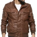Men Four Pockets Bomber Brown Leather Jacket