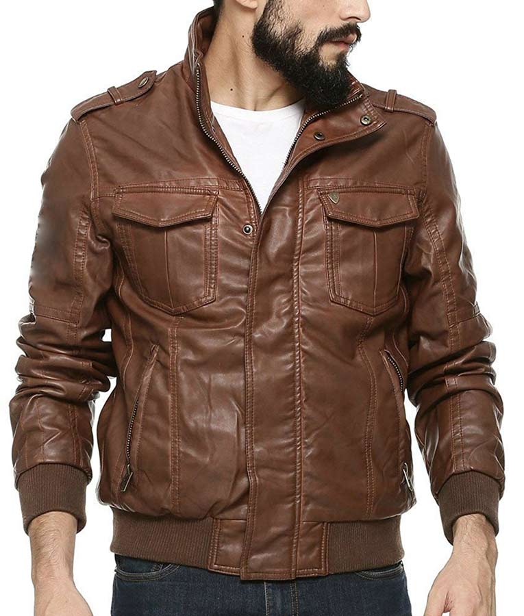 Mens Four Pockets Bomber Brown Leather Jacket (2) Men Four Pockets Bomber Brown Leather Jacket - Image 1