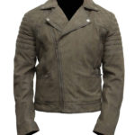 Stylish man wearing grey suede motorcycle jacket with classic biker silhouette