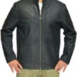 Front view of Michigan black leather jacket with zip-up closure and casual cut