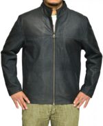 Front view of Michigan black leather jacket with zip-up closure and casual cut