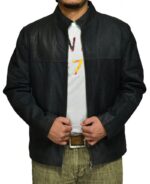 Rugged black leather texture on Michigan jacket with premium stitching