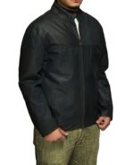 Model wearing Michigan leather jacket styled for everyday streetwear