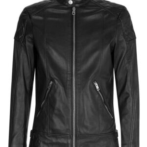 Front view of Moda black leather biker jacket with sharp lapel collar