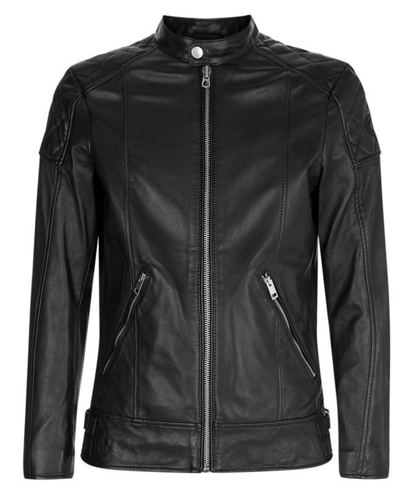 Front view of Moda black leather biker jacket with sharp lapel collar Front view of Moda black leather biker jacket with sharp lapel collar