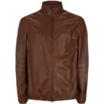 Front view of Moda brown leather jacket with sleek zipper and modern tailoring