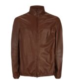 Front view of Moda brown leather jacket with sleek zipper and modern tailoring