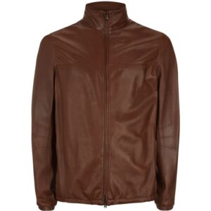 Front view of Moda brown leather jacket with sleek zipper and modern tailoring
