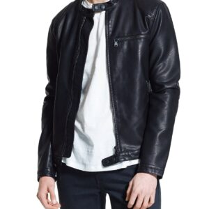Front view of Monarch black leather jacket with structured shoulders and zip closure