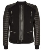 Front view of Neo Hybrid black leather jacket with modern fit and angular zips