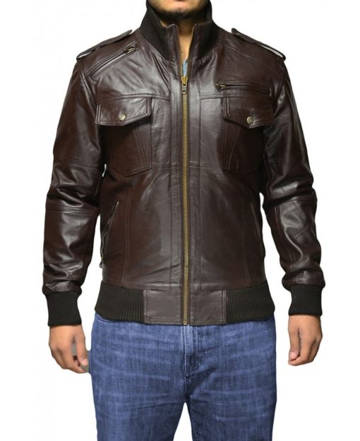 The-Spy-Brown-Leather-Bomber-Jacket-front The-Spy-Brown-Leather-Bomber-Jacket-front