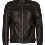 Front view of Outlaw black leather biker jacket with wide lapels and zip pockets