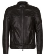 Front view of Outlaw black leather biker jacket with wide lapels and zip pockets