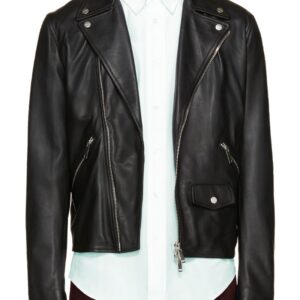 Pearl black leather biker jacket front view with asymmetrical zip and fitted cut