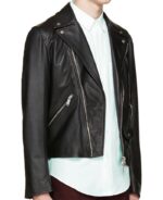 Pearl leather biker jacket highlighting premium lining and hardware