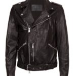 Front view of Perfecto black leather biker jacket with asymmetrical zipper