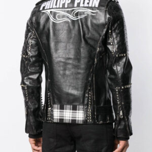 Back view of luxury biker jacket featuring detailed stud work by Philipp Plein