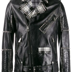 High-end Philipp Plein biker jacket with bold studded detailing and luxury black leather