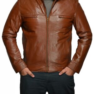 Front view of Pierre tan brown leather jacket with zipper and tailored cut