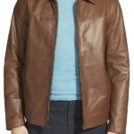 Front view of Posh men brown leather jacket with smooth finish and full zip