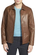 Front view of Posh men brown leather jacket with smooth finish and full zip