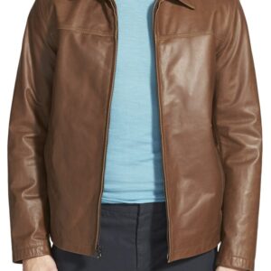 Front view of Posh men brown leather jacket with smooth finish and full zip