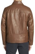 Model in Posh brown leather jacket showcasing tailored urban style