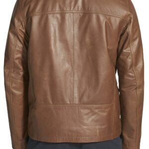 Model in Posh brown leather jacket showcasing tailored urban style