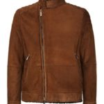 Front view of Ralph brown suede leather jacket with classic zip-up design