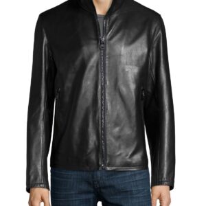 Front view of Regal black leather jacket with sleek finish and tailored fit