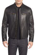 Front view of Robbie black leather jacket with zipper closure and minimal style