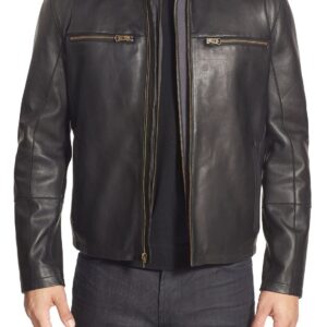 Front view of Robbie black leather jacket with zipper closure and minimal style