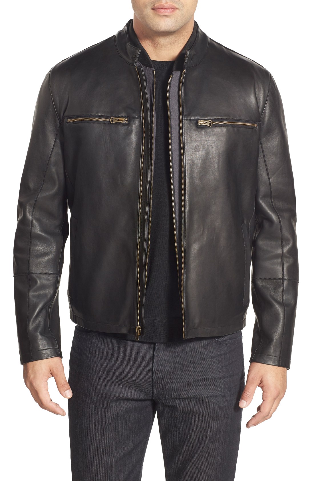 Front view of Robbie black leather jacket with zipper closure and minimal style Front view of Robbie black leather jacket with zipper closure and minimal style