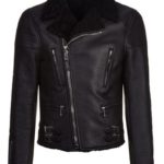 Roger black leather biker jacket with front zip, lapel collar, and rugged style