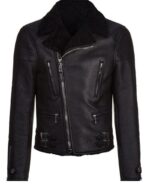 Roger black leather biker jacket with front zip, lapel collar, and rugged style