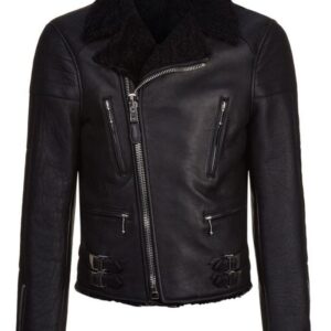 Roger black leather biker jacket with front zip, lapel collar, and rugged style