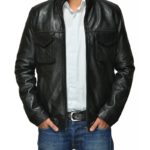 Front view of Rubens black leather jacket with classic collar and zip closure
