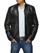 Front view of Rubens black leather jacket with classic collar and zip closure