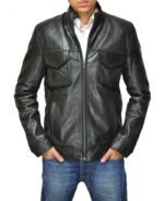 Detailed shot of zipper and stitching on Rubens black leather jacket