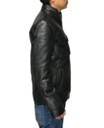 Model wearing Rubens black leather jacket showcasing urban casual look