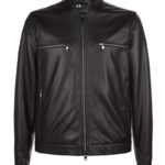 Rustic black leather biker jacket with vintage wash and front zip closure