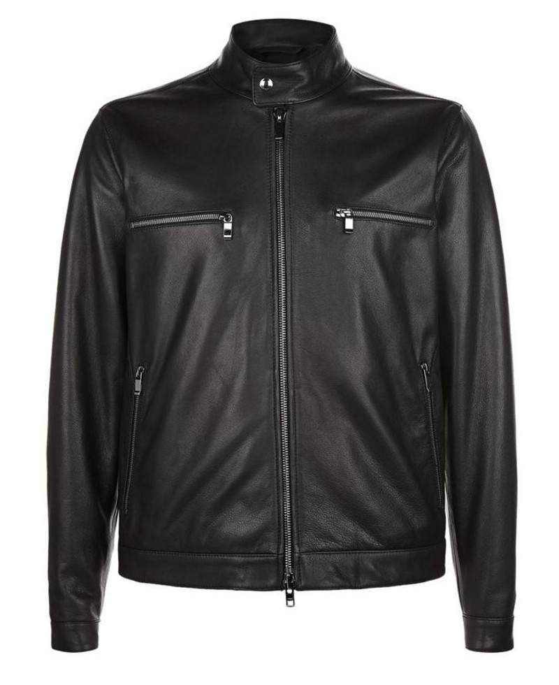 Rustic black leather biker jacket with vintage wash and front zip closure Rustic black leather biker jacket with vintage wash and front zip closure