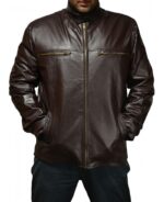 Front view of Salvador brown leather jacket with classic zip and tailored fit