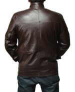 Back of Salvador brown leather jacket laid flat showcasing craftsmanship and lining